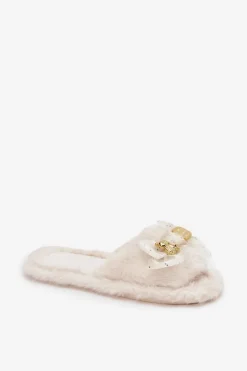 Boto Kapcie Klasyczne*Futrzane Kapcie Damskie Z Kokardą I Złotą Ozdobą Jasnobeżowe Nolara Beżowy