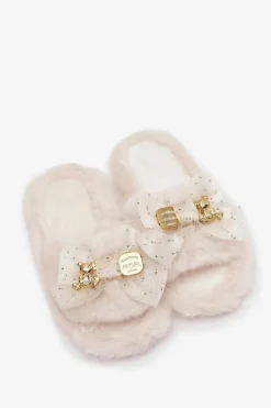 Boto Kapcie Klasyczne*Futrzane Kapcie Damskie Z Kokardą I Złotą Ozdobą Jasnobeżowe Nolara Beżowy