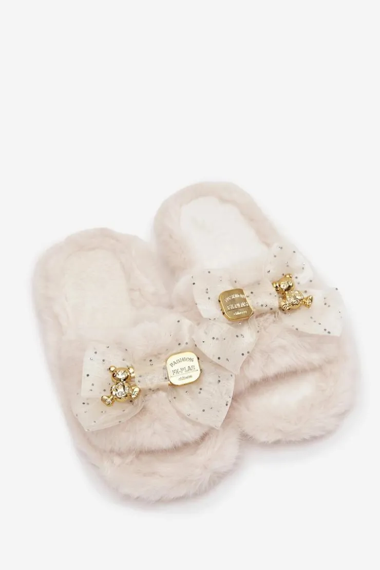Boto Kapcie Klasyczne*Futrzane Kapcie Damskie Z Kokardą I Złotą Ozdobą Jasnobeżowe Nolara Beżowy
