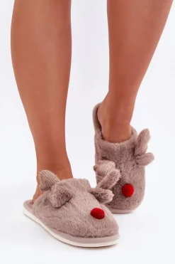 Damskie Boto Futrzane Kapcie Damskie Z Motywem Renifera Ciemnobeżowe Sennalith