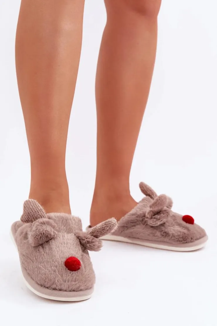 Damskie Boto Futrzane Kapcie Damskie Z Motywem Renifera Ciemnobeżowe Sennalith