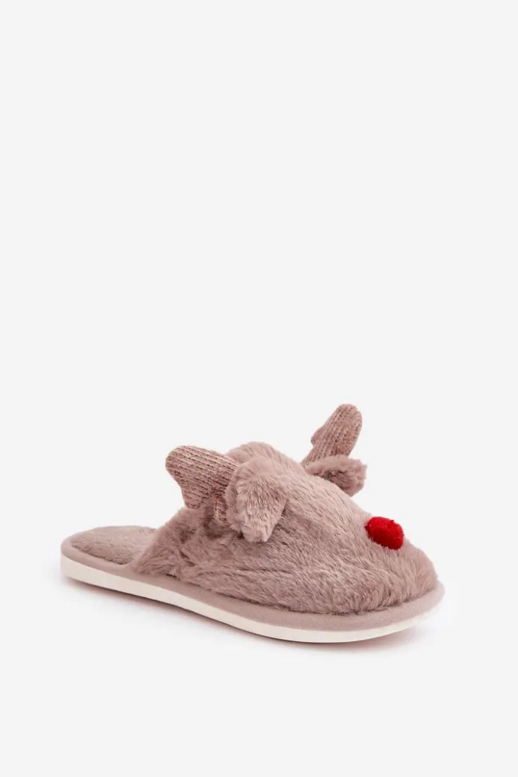 Damskie Boto Futrzane Kapcie Damskie Z Motywem Renifera Ciemnobeżowe Sennalith