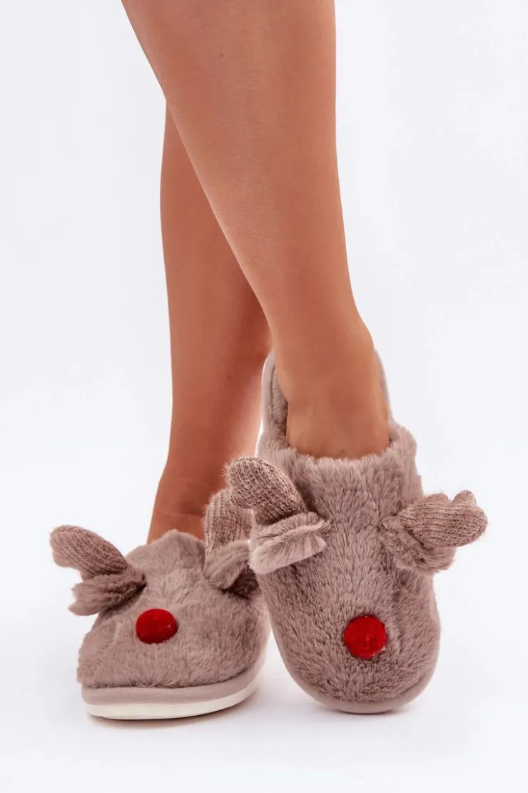 Damskie Boto Futrzane Kapcie Damskie Z Motywem Renifera Ciemnobeżowe Sennalith