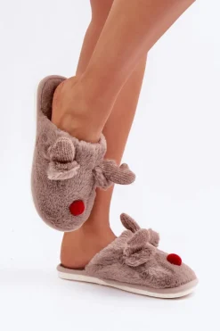 Damskie Boto Futrzane Kapcie Damskie Z Motywem Renifera Ciemnobeżowe Sennalith