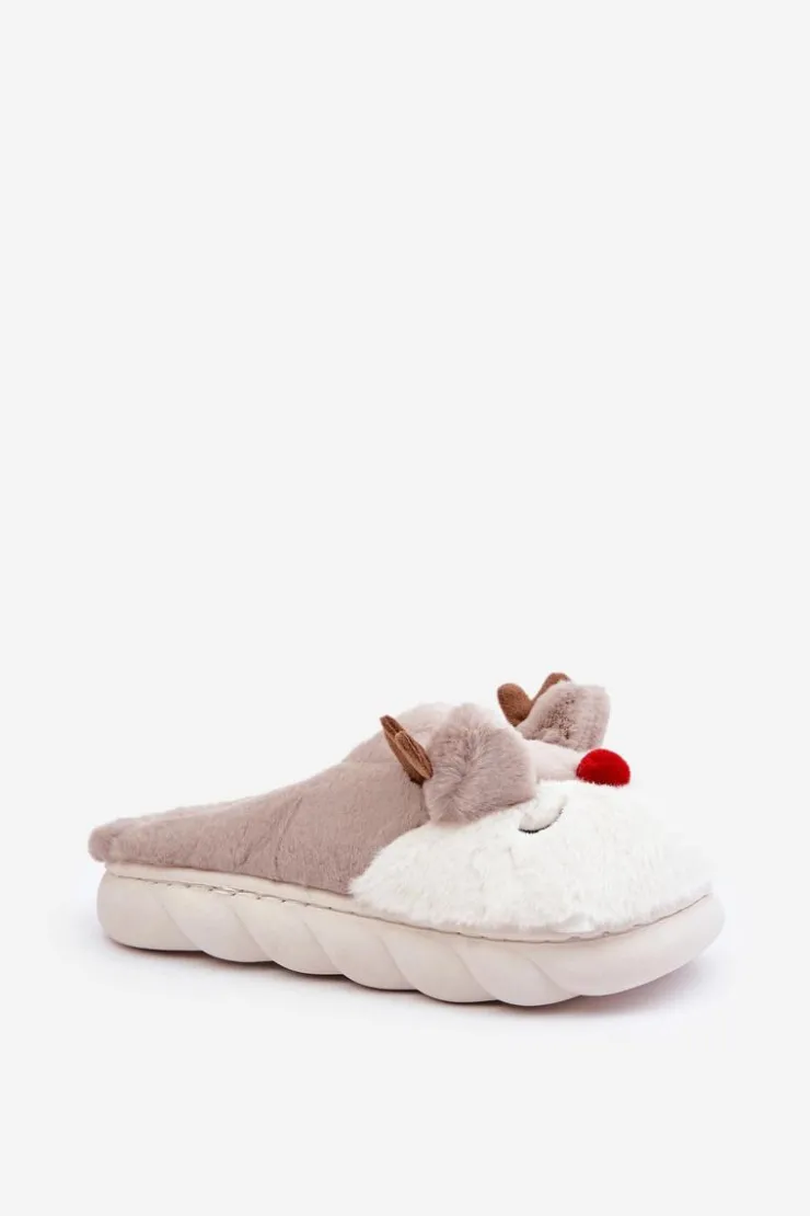 Boto Kapcie Klasyczne*Futrzane Kapcie Damskie Z Motywem Renifera Beżowe Wistira