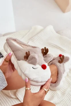 Boto Kapcie Klasyczne*Futrzane Kapcie Damskie Z Motywem Renifera Beżowe Wistira