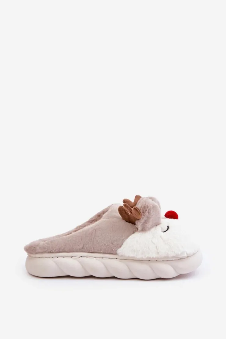 Boto Kapcie Klasyczne*Futrzane Kapcie Damskie Z Motywem Renifera Beżowe Wistira