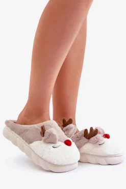Boto Kapcie Klasyczne*Futrzane Kapcie Damskie Z Motywem Renifera Beżowe Wistira