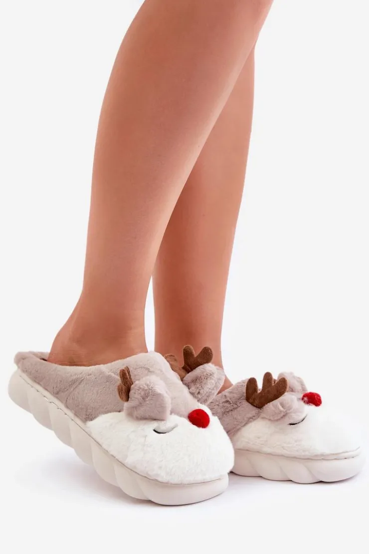 Boto Kapcie Klasyczne*Futrzane Kapcie Damskie Z Motywem Renifera Beżowe Wistira