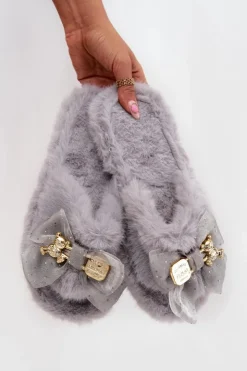 Boto Kapcie Klasyczne*Futrzane Kapcie Damskie Z Kokardą I Złotą Ozdobą Szare Nolara