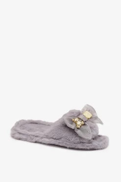 Boto Kapcie Klasyczne*Futrzane Kapcie Damskie Z Kokardą I Złotą Ozdobą Szare Nolara