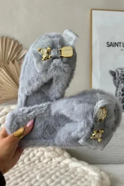 Boto Kapcie Klasyczne*Futrzane Kapcie Damskie Z Kokardą I Złotą Ozdobą Szare Nolara