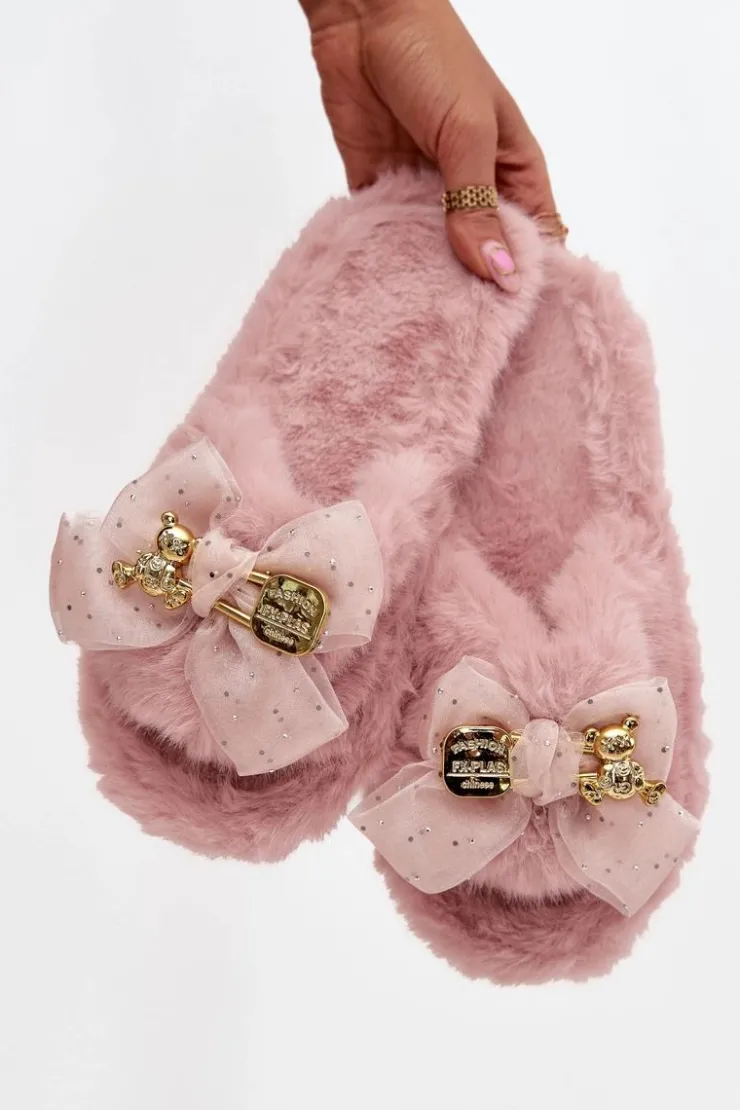 Hot Boto Futrzane Kapcie Damskie Z Kokardą I Złotą Ozdobą Różowe Nolara Różowy