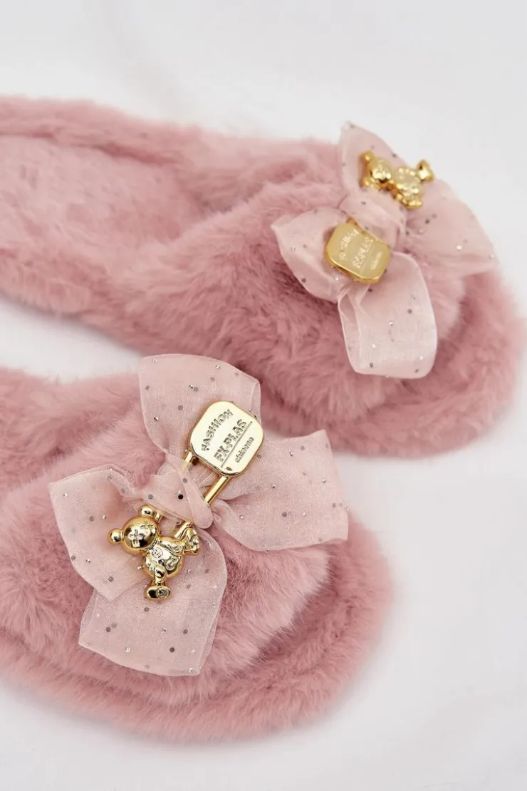 Hot Boto Futrzane Kapcie Damskie Z Kokardą I Złotą Ozdobą Różowe Nolara Różowy