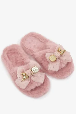 Hot Boto Futrzane Kapcie Damskie Z Kokardą I Złotą Ozdobą Różowe Nolara Różowy