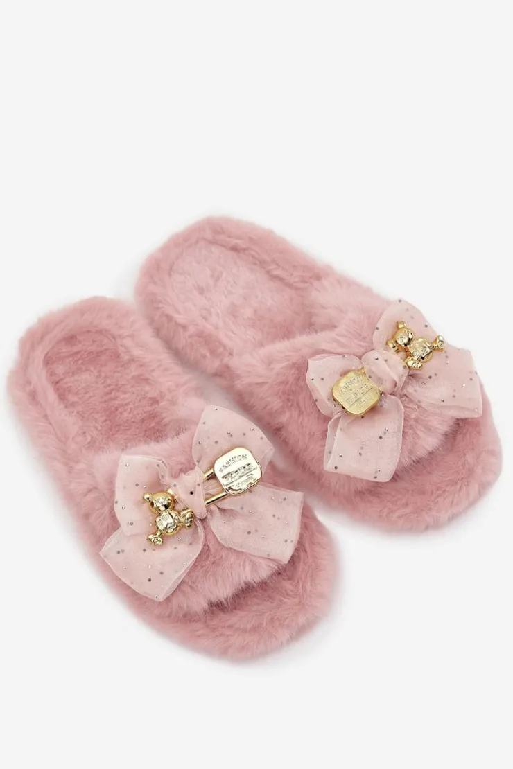 Hot Boto Futrzane Kapcie Damskie Z Kokardą I Złotą Ozdobą Różowe Nolara Różowy