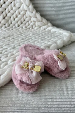 Hot Boto Futrzane Kapcie Damskie Z Kokardą I Złotą Ozdobą Różowe Nolara Różowy