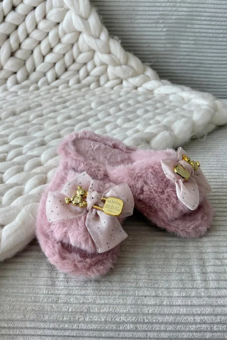 Hot Boto Futrzane Kapcie Damskie Z Kokardą I Złotą Ozdobą Różowe Nolara Różowy