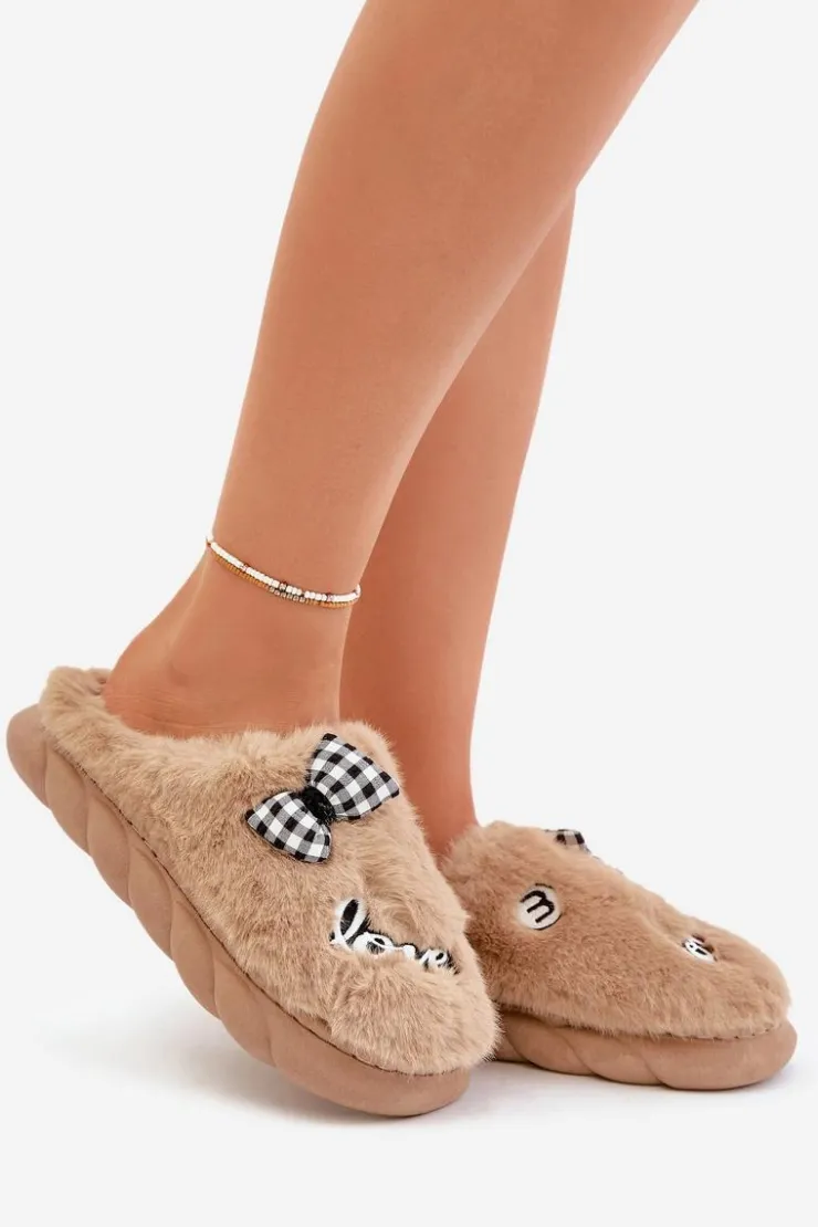 Best Boto Futrzane Kapcie Damskie Z Naszywkami I Kokardką Brązowe Linnorelia Brązowy