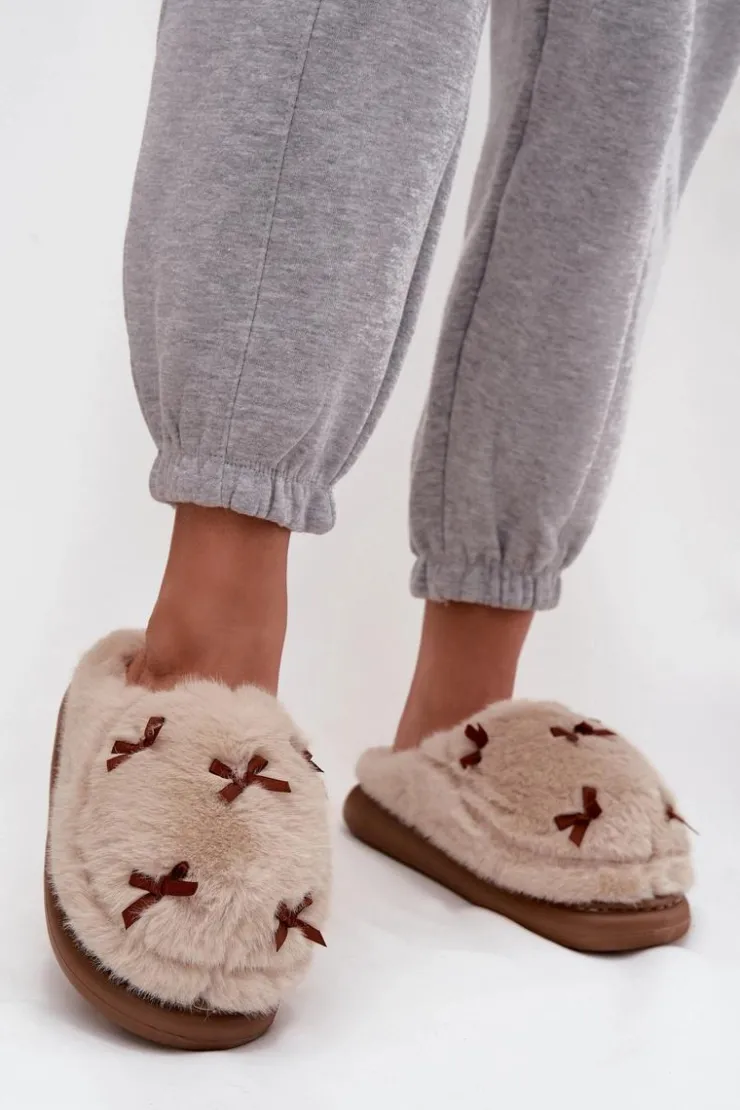 Boto Futrzane Kapcie Damskie Z Kokardkami Beżowe Saviera