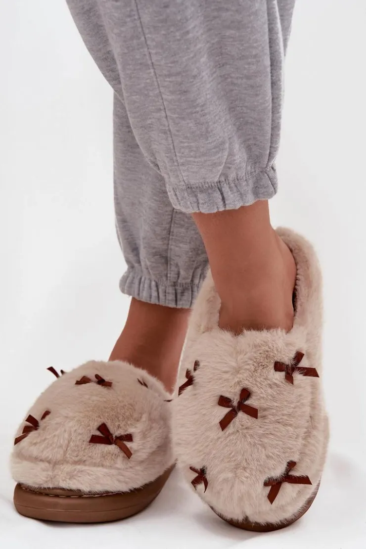 Boto Futrzane Kapcie Damskie Z Kokardkami Beżowe Saviera