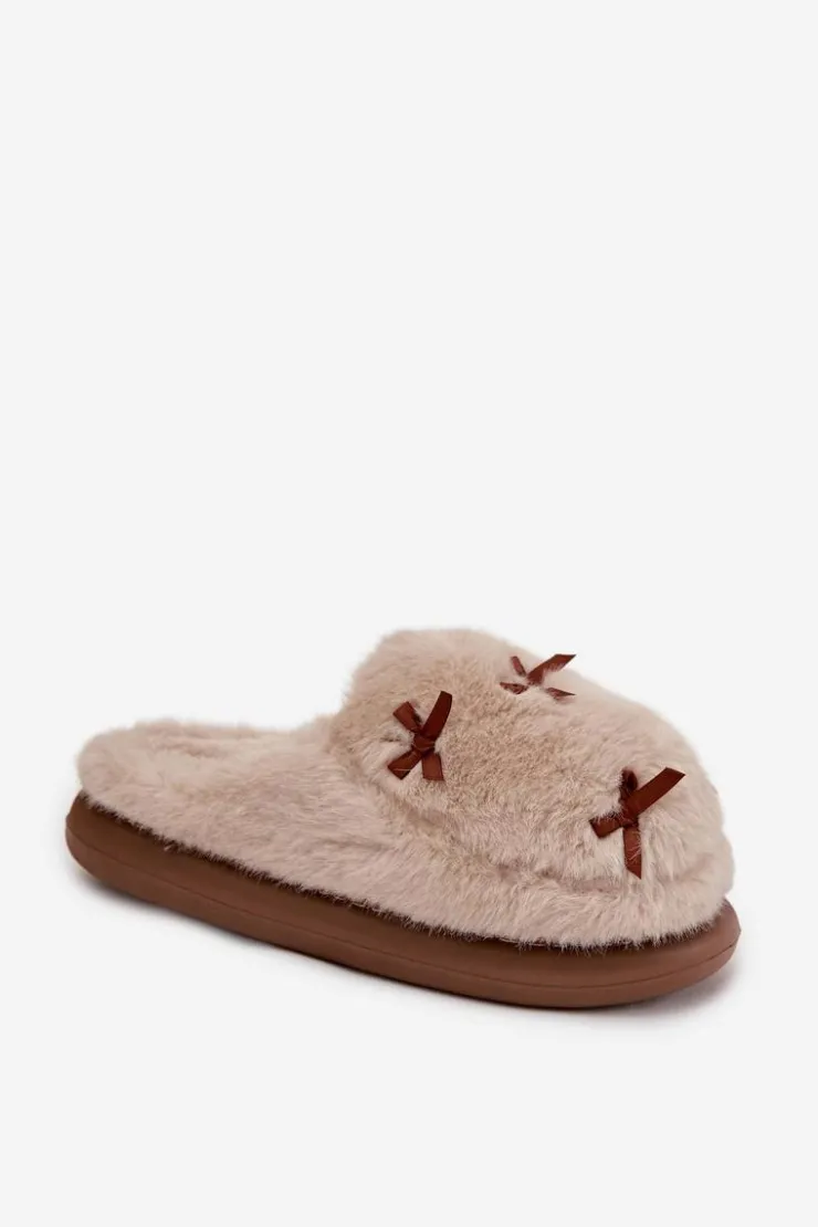 Boto Futrzane Kapcie Damskie Z Kokardkami Beżowe Saviera