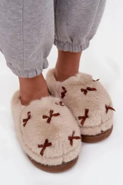 Boto Futrzane Kapcie Damskie Z Kokardkami Beżowe Saviera