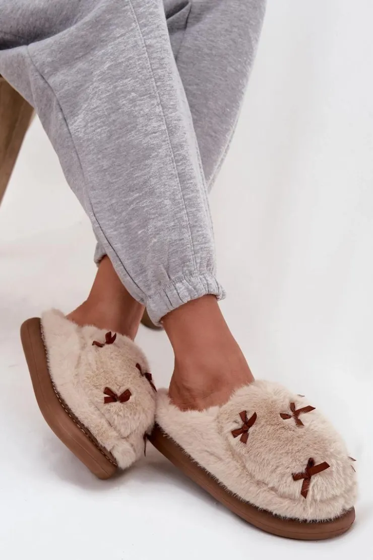 Boto Futrzane Kapcie Damskie Z Kokardkami Beżowe Saviera