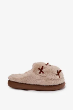 Boto Futrzane Kapcie Damskie Z Kokardkami Beżowe Saviera