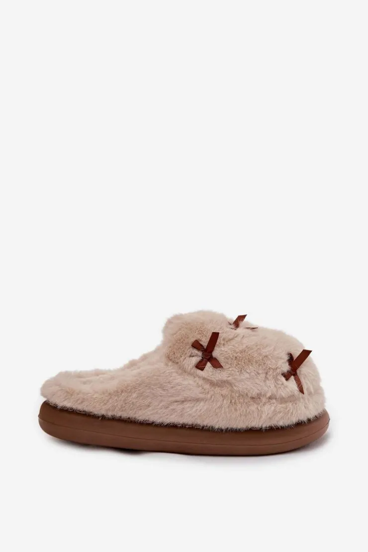 Boto Futrzane Kapcie Damskie Z Kokardkami Beżowe Saviera