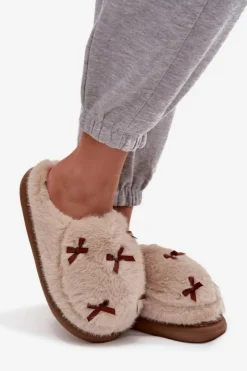 Boto Futrzane Kapcie Damskie Z Kokardkami Beżowe Saviera