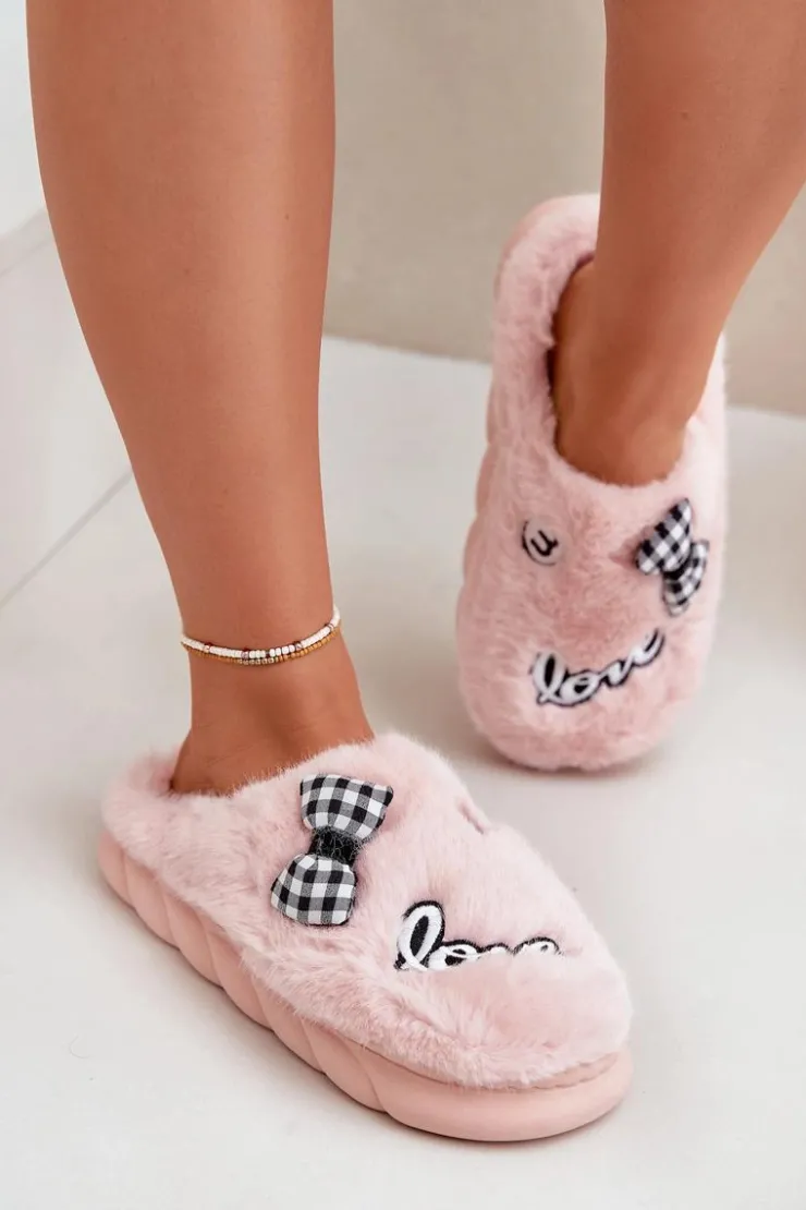 Damskie Boto Futrzane Kapcie Damskie Z Naszywkami I Kokardką Różowe Linnorelia