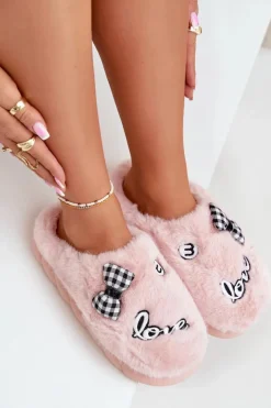Damskie Boto Futrzane Kapcie Damskie Z Naszywkami I Kokardką Różowe Linnorelia