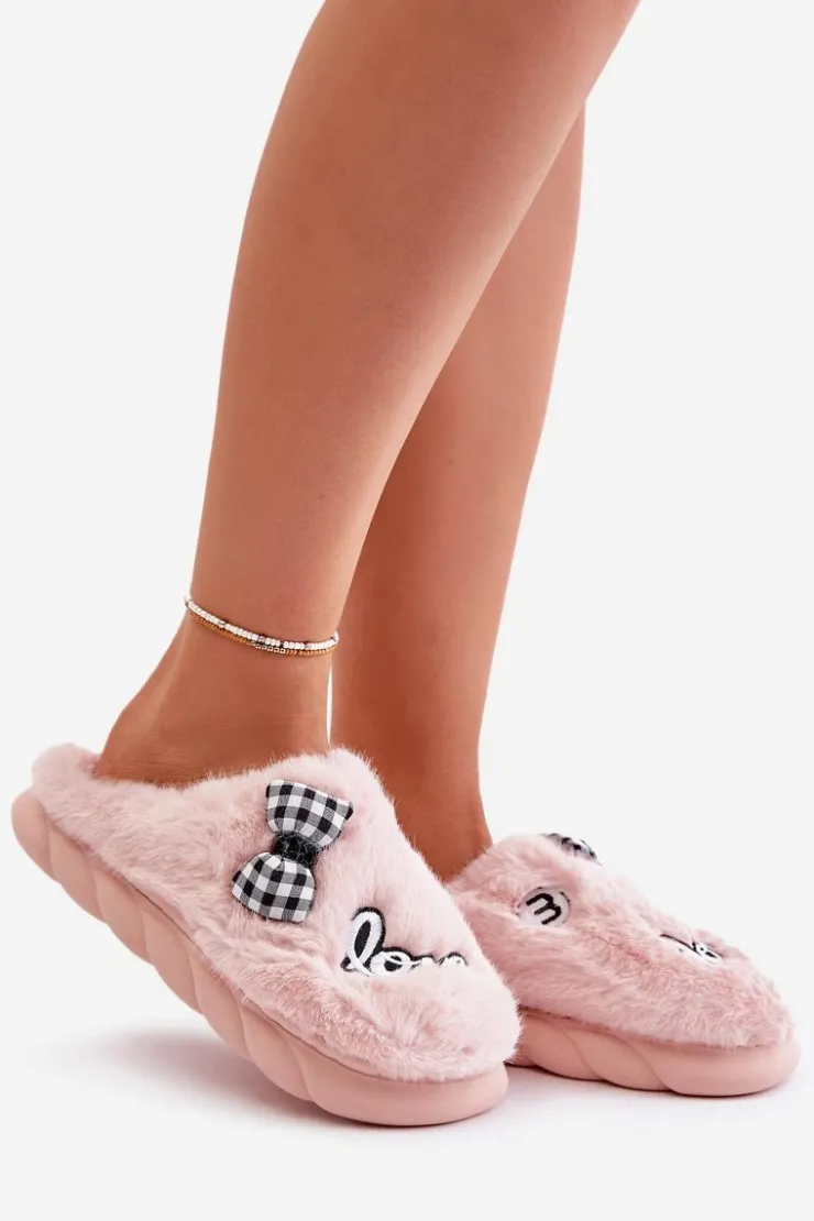 Damskie Boto Futrzane Kapcie Damskie Z Naszywkami I Kokardką Różowe Linnorelia