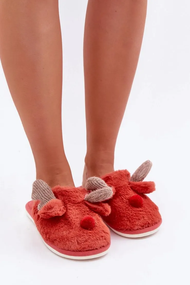 Discount Boto Futrzane Kapcie Damskie Z Motywem Renifera Koralowe Sennalith Czerwony