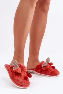 Discount Boto Futrzane Kapcie Damskie Z Motywem Renifera Koralowe Sennalith Czerwony
