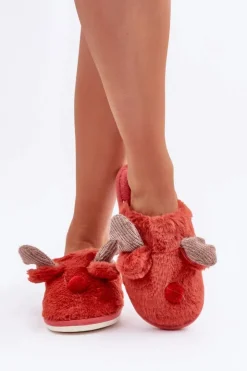 Discount Boto Futrzane Kapcie Damskie Z Motywem Renifera Koralowe Sennalith Czerwony