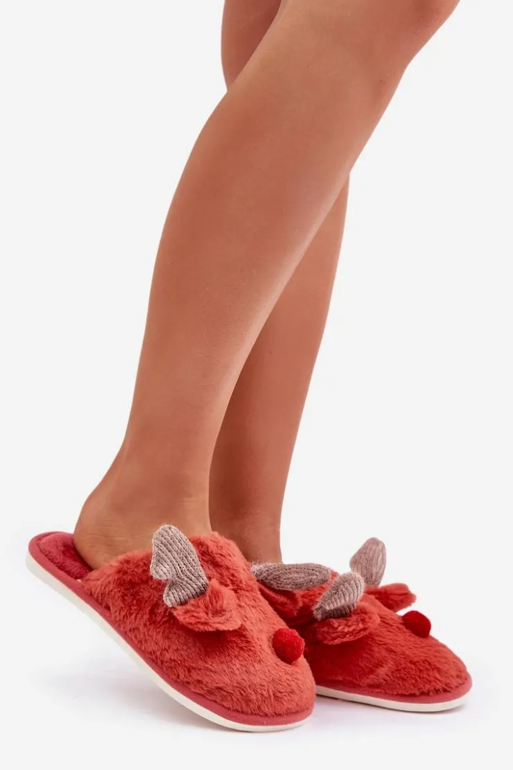 Discount Boto Futrzane Kapcie Damskie Z Motywem Renifera Koralowe Sennalith Czerwony