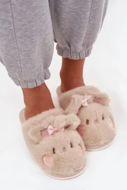 Damskie Boto Futrzane Kapcie Damskie Z Uszkami I Kokardką Beżowe Corayne