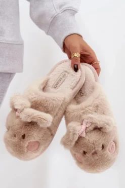 Damskie Boto Futrzane Kapcie Damskie Z Uszkami I Kokardką Beżowe Corayne