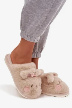 Damskie Boto Futrzane Kapcie Damskie Z Uszkami I Kokardką Beżowe Corayne