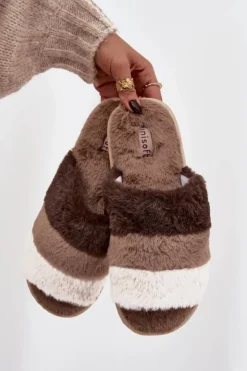 Boto Kapcie Klasyczne*Futrzane Kapcie Damskie Z Paskami Brązowe Tahlisse