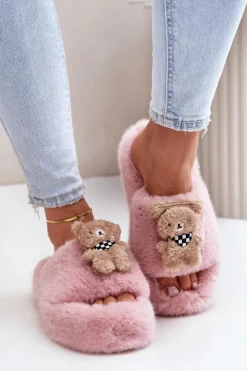 Damskie Boto Futrzane Kapcie Damskie Z Misiem Różowe Romania