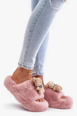 Damskie Boto Futrzane Kapcie Damskie Z Misiem Różowe Romania