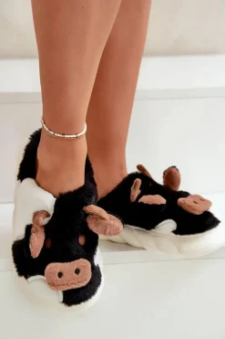 Boto Futrzane Kapcie Krowy Damskie Czarne Remiola Czarny