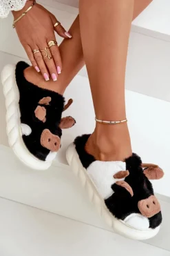 Boto Futrzane Kapcie Krowy Damskie Czarne Remiola Czarny