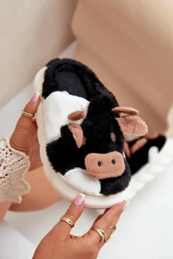 Boto Futrzane Kapcie Krowy Damskie Czarne Remiola Czarny