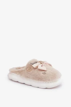 Damskie Boto Futrzane Kapcie Z Kokardką I Przypinkami Beżowe Annalira