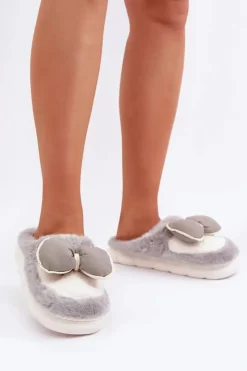 Boto Kapcie Klasyczne*Futrzane Kapcie Z Kokardką Szare Grilis Szary