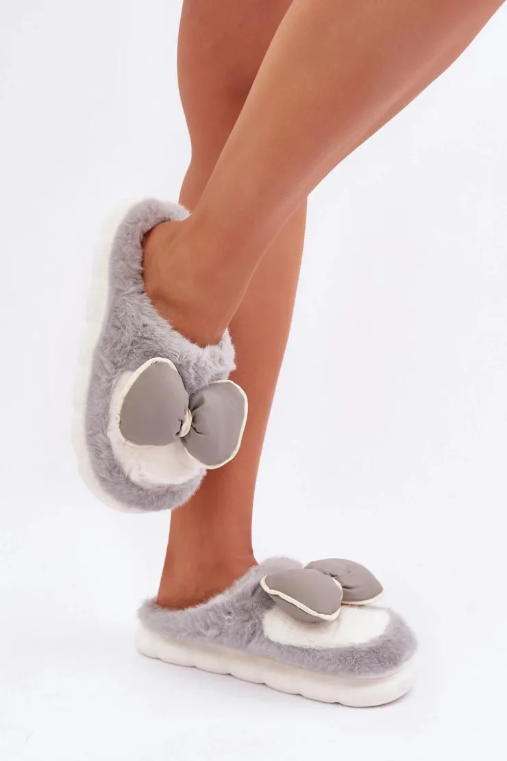 Boto Kapcie Klasyczne*Futrzane Kapcie Z Kokardką Szare Grilis Szary